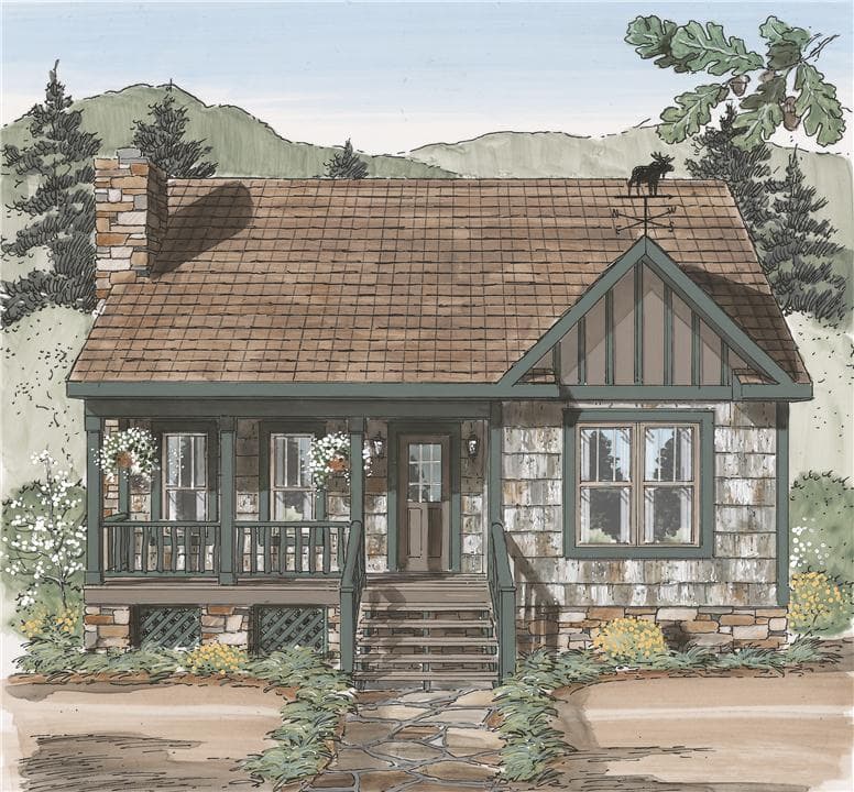 Cozy cabin hero, elevation, and exterior home features